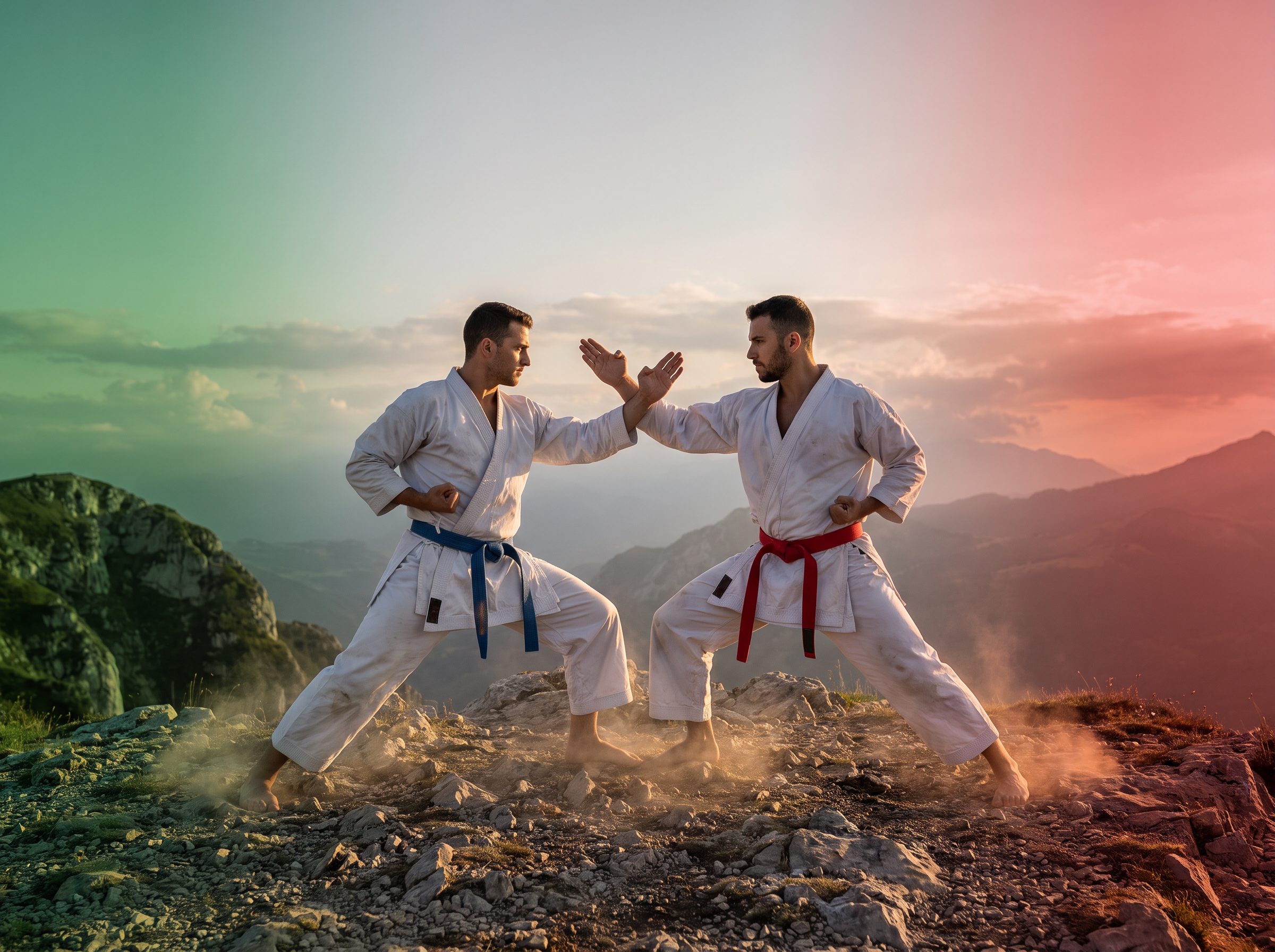 Due karateka in posizione di guardia su una cima di montagna al tramonto